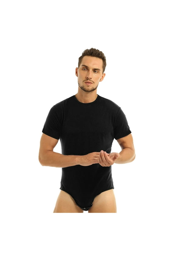 Men's Short Sleeve Shorts Set Jumpsuit Pajama One Piece Snap Down Crotch Bodysuit Rompers Black XL