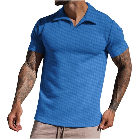 JUUYY Men's Short Sleeved Lapel Pullover Slim Fitting Shirts Summer Sleeves Slim Fit Vacation Daily Breathable Shirts Blue M