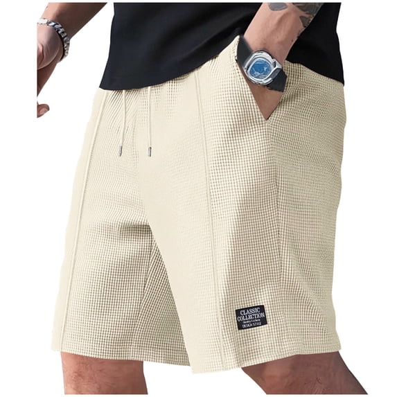 JUUYY Men's Shorts Textured Casual Waffle Drawstring Shorts Elastic Waist Loose Fit Lightweight Summer Beach Shorts with Pockets Khaki M