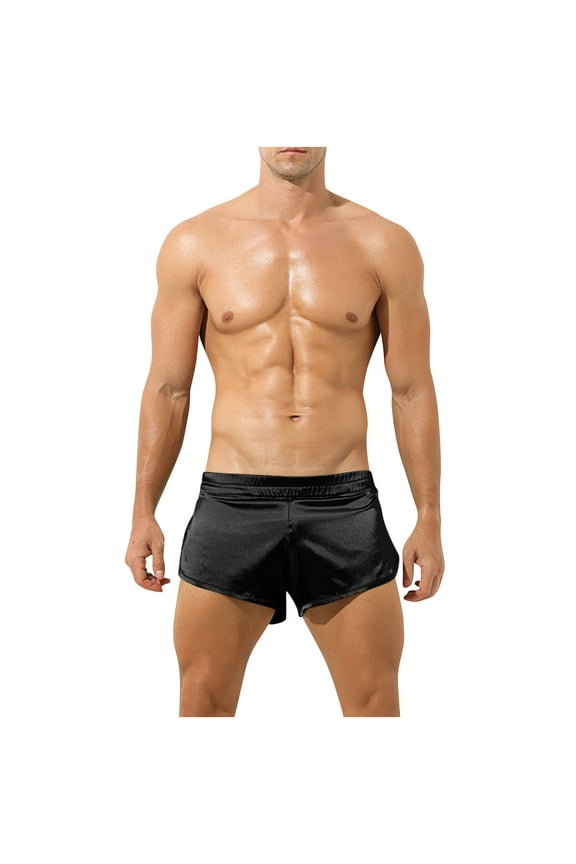 Men's Silk Satin Boxer Shorts Men's Athletic Supporters Jockstrap Boxers Underwear Silky Side Split Lounge Shorts Black M