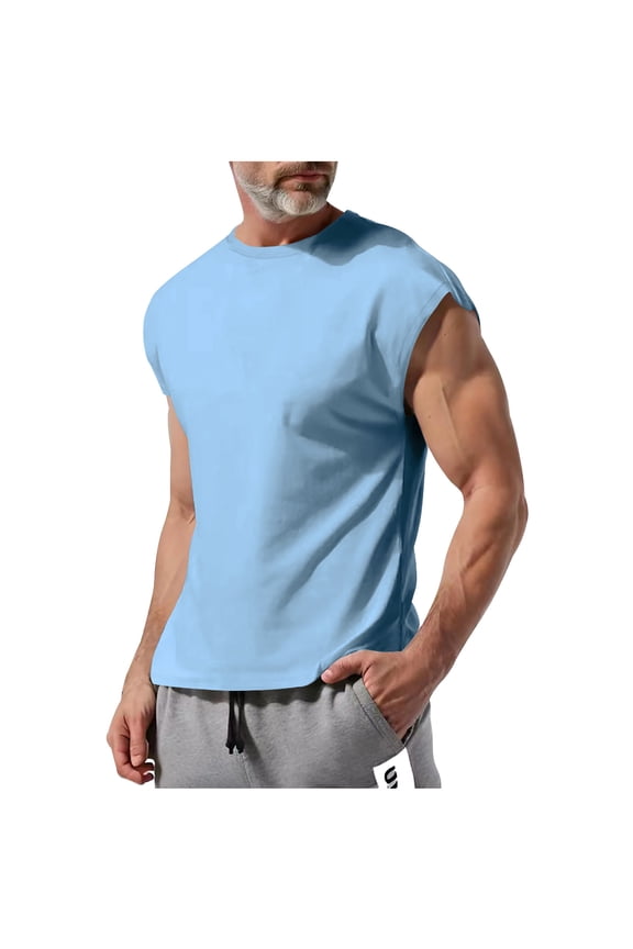 Men's Sleeveless Tank Tops Crewneck Casual Workout Gym Cut Off Muscle Slim Fit T Shirt Regular-Fit Solid Color Light Blue M