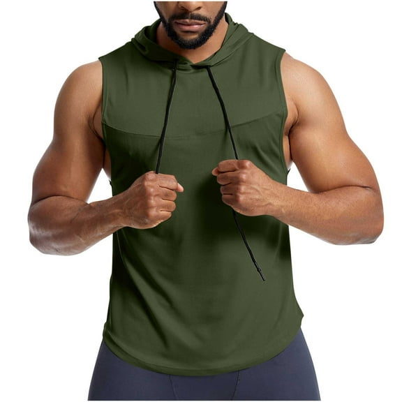 JUUYY Men's Sleeveless Workout Hoodie Shirt Cut Off Hooded Quicking Dry Athletic Gym Tank Tops for Men Army Green XXL