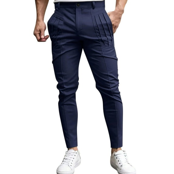 JUUYY Men's Slim Fit Business Casual Pants Solid Color Ruched Stretch Button Zip Closure Pockets Tapered Leg Office Work Pants Blue M