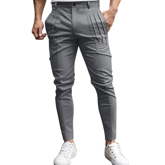 JUUYY Men's Slim Fit Business Casual Pants Solid Color Ruched Stretch Button Zip Closure Pockets Tapered Leg Office Work Pants Gray L