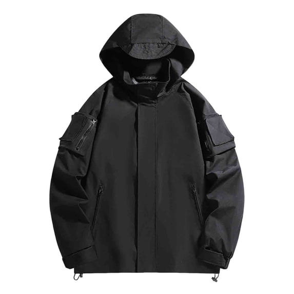 JUUYY Men's Softshell Jacket Full Zip Long Sleeve Waterproof Outdoor Cargo Coat Loose Hooded Windproof Hiking Jacket Outwear Windbreaker Black M