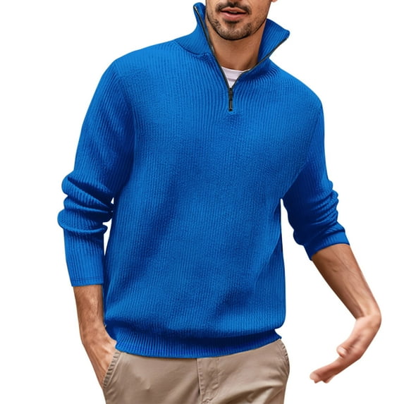 JUUYY Men's Solid Color 1/4 Zipper Pullover Sweaters Fall Winter Classic Ribbed Knitted Soft Turtleneck Sweaters Casual Thermal Knitwear Blue M