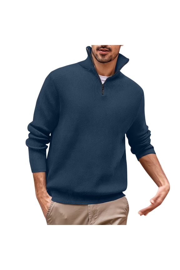Men's Solid Color 1/4 Zipper Pullover Sweaters Fall Winter Classic Ribbed Knitted Soft Turtleneck Sweaters Casual Thermal Knitwear Navy XXL