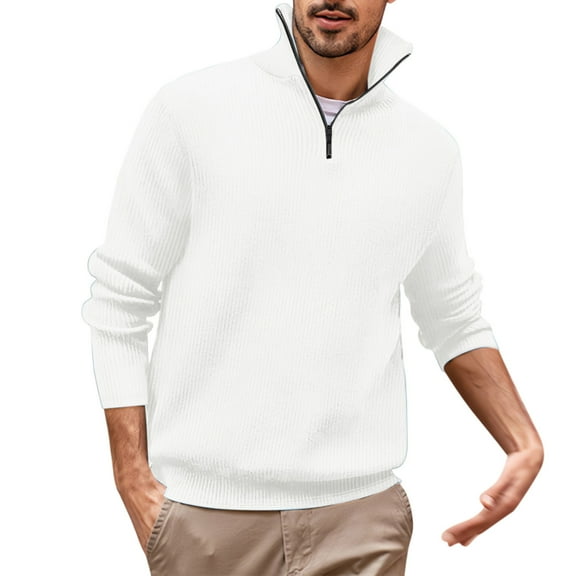 JUUYY Men's Solid Color 1/4 Zipper Pullover Sweaters Fall Winter Classic Ribbed Knitted Soft Turtleneck Sweaters Casual Thermal Knitwear White XXL