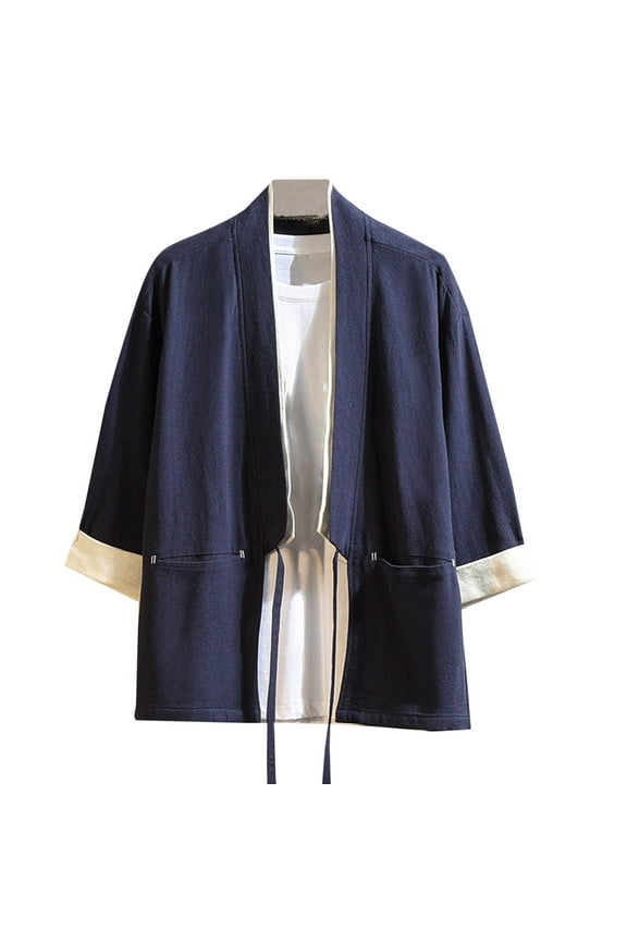 Men's Solid Color Cardigan Linen Shirt Half Sleeve Japanese Streetwear Clothing Traditional Summer Clothing Navy M