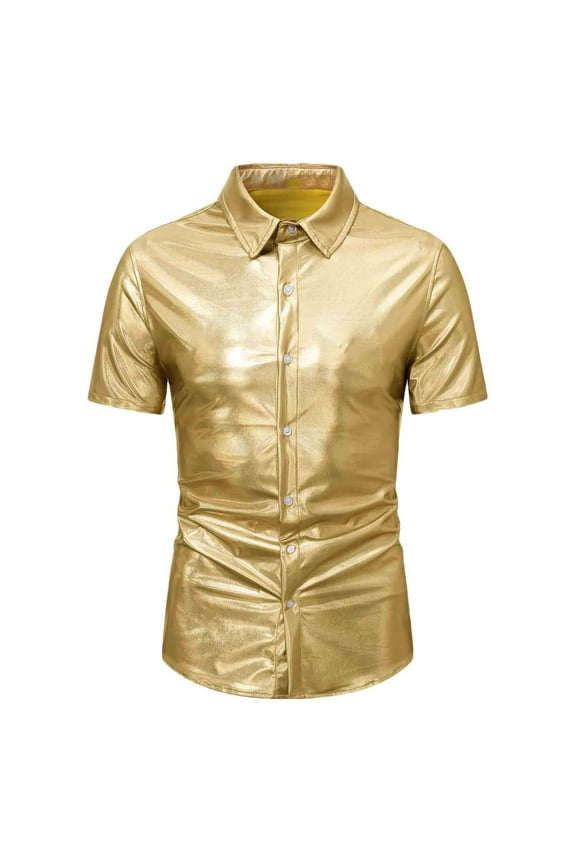 Men's Solid Color Shiny Short-Sleeve Button-Down Dress Shirt Summer Turn Down Collar Slim Fit Top for Nightclub Party Performance Gold XL
