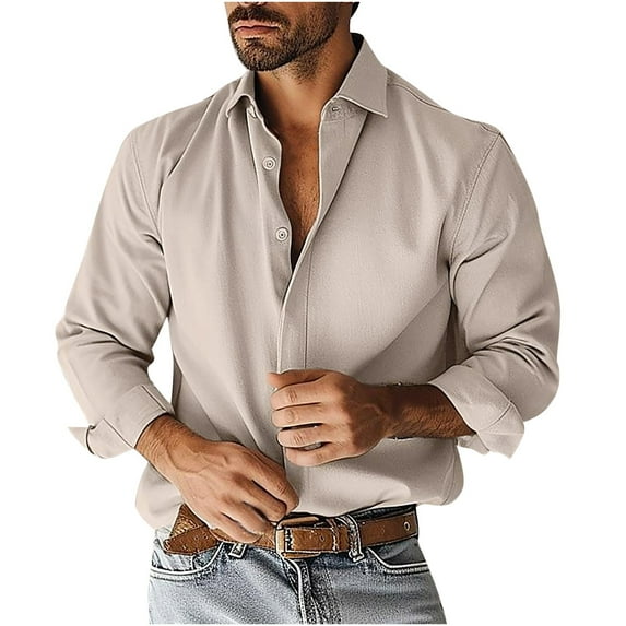 JUUYY Men's Solid Color Slim Fit Mens Dress Long Sleeve Shirts Fashion Business Casual Button Down Relaxed Shirts Beige XXXL