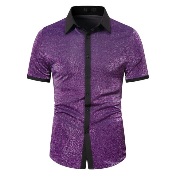 JUUYY Men's Sparkling Short-Sleeve Dress Shirt with Contrast Lapel Slim-Fit Short Sleeve Shiny Metallic Texture Tops for Nightclub, Party or Stage Performance Purple XXL