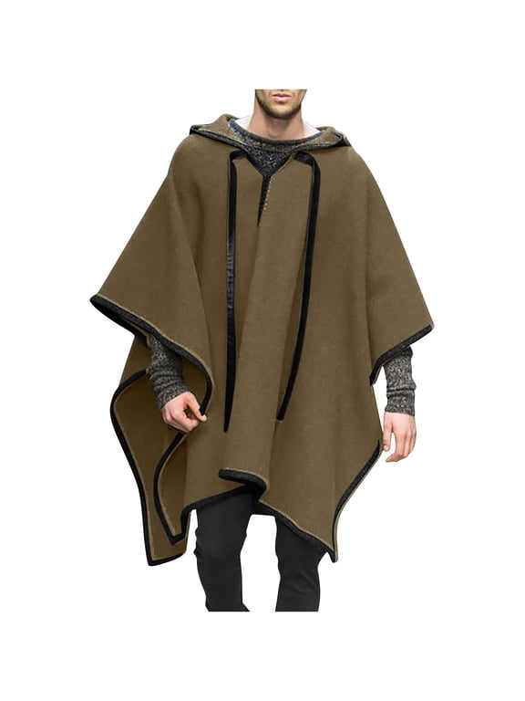 Men's Steampunk Gothic Hooded Fashion Poncho Comfortable Home Clothes House Coat Wool Alpaca Poncho Hooded Khaki L