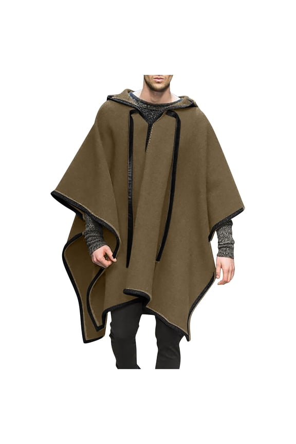 Men's Steampunk Gothic Hooded Fashion Poncho Comfortable Home Clothes House Coat Wool Alpaca Poncho Hooded Khaki S
