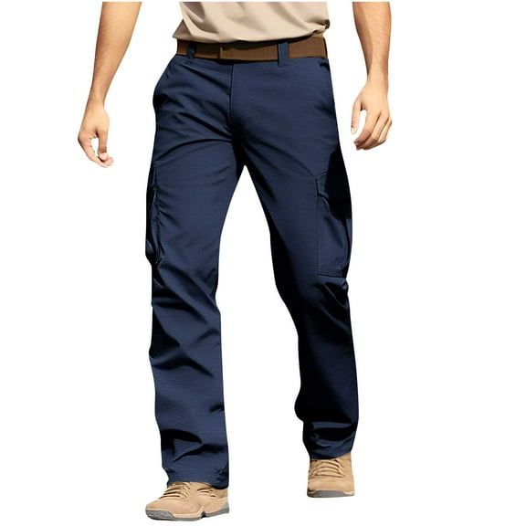 JUUYY Men's Straight-Leg Workwear Pants Multiple Pockets Loose Casual Outdoors Cargo Pants Regular Fit Solid Elastic Waist Trousers Navy L