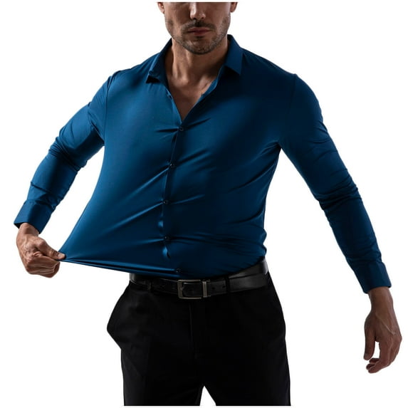JUUYY Men's Stretch Button Up Long Sleeve Formal Shirt Lapel Collar Solid Color Wrinkle Free Slim Fit Business Casual Dress Shirt Tops Blue XL