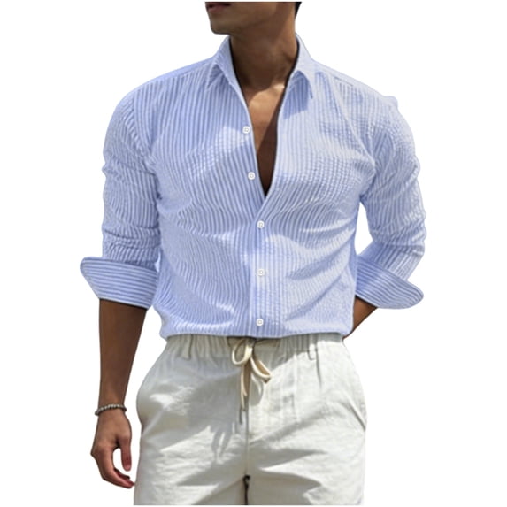 JUUYY Men's Striped Button Down Shirts Textured Long Sleeve Collared Shirt Regular Fit Lightweight Fashion Casual Office Work Tops Blue XXL