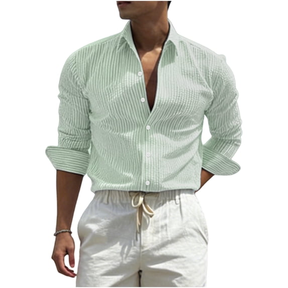 JUUYY Men's Striped Button Down Shirts Textured Long Sleeve Collared Shirt Regular Fit Lightweight Fashion Casual Office Work Tops Green XXL