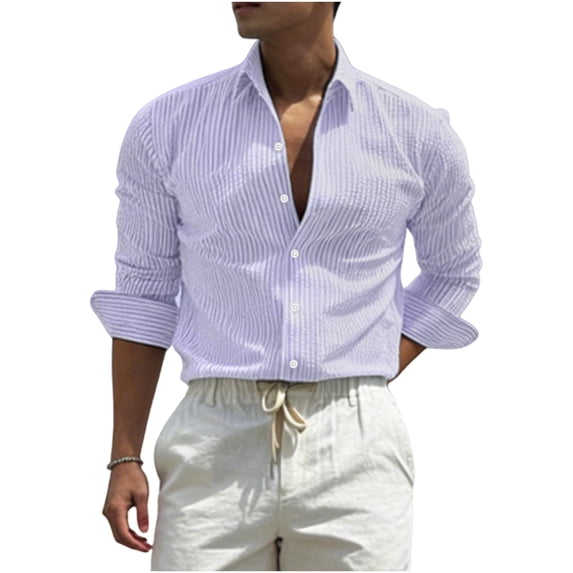 JUUYY Men's Striped Button Down Shirts Textured Long Sleeve Collared Shirt Regular Fit Lightweight Fashion Casual Office Work Tops Purple L