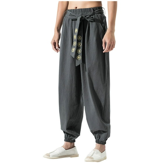 JUUYY Men's Style Kung Fu Pants Tai Chi Loose Trousers Linen Casual Retro Wide Leg Soliid Color Trendy Pants Dark Gray XXL