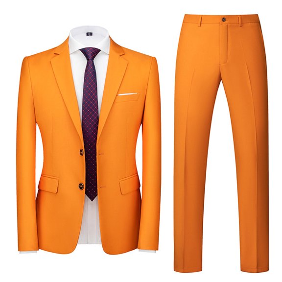 JUUYY Men's Suit Slim Fit 2 Button 2 Piece Suits Party formal Dress Solid Color Tuxedo Blazer Slid Color Jacket Pants Set Orange XXL