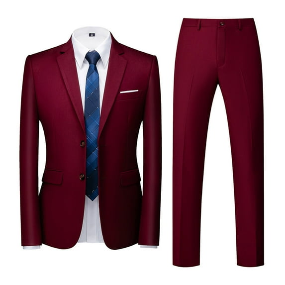 JUUYY Men's Suit Slim Fit 2 Button 2 Piece Suits Party formal Dress Solid Color Tuxedo Blazer Slid Color Jacket Pants Set Wine XXL