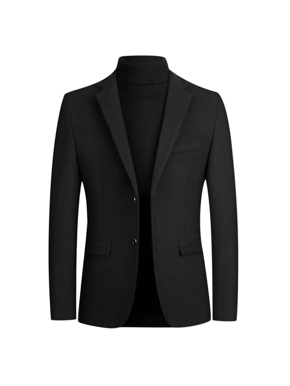 Men's Suits Wool Blend Blazer Jacket Solid Color Lightweight Herringbone Tweed Blazer Two Button Casual Sport Suit Coat Black XL
