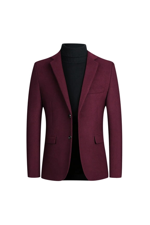 Men's Suits Wool Blend Blazer Jacket Solid Color Lightweight Herringbone Tweed Blazer Two Button Casual Sport Suit Coat Wine L