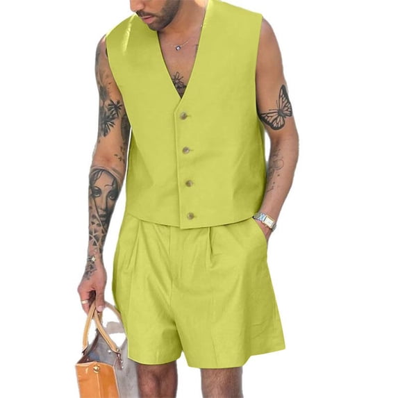 JUUYY Men's Summer 2 Piece Outfits Button Down V Neck Vest Waistcoat and Shorts Casual Set with Pockets Sleeveless Matching Sets Yellow L