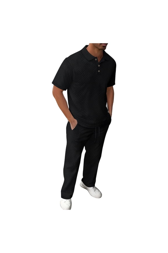 Men's Summer 2 Piece Set Matching Short Sleeve Button Collared Shirts and Drawstring Pants Suit Casual Textured Solid Tracksuits Black S
