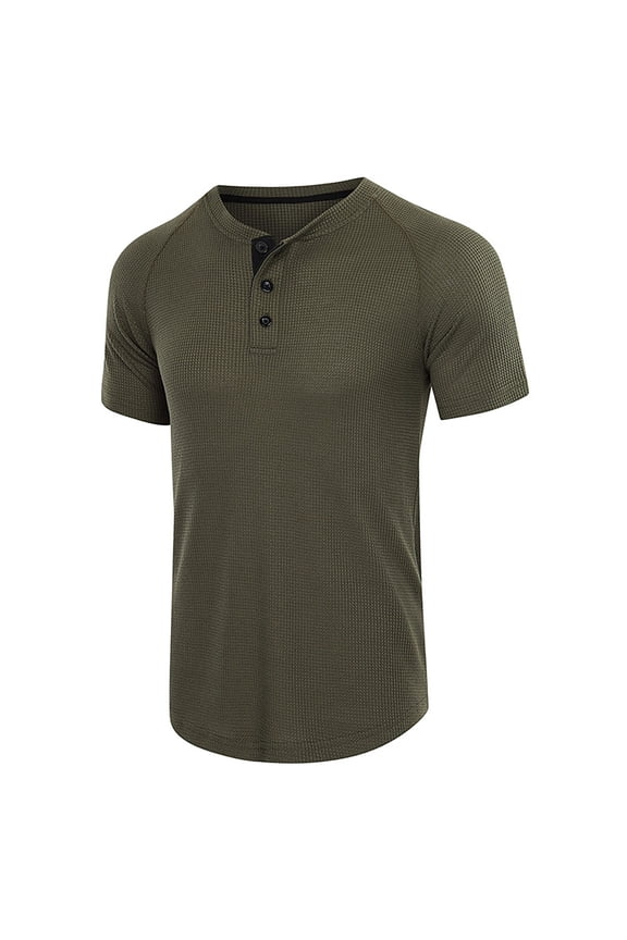 Men's Summer Casual Slim Fit Round Neck Waffle Henry Shirt Solid Color Comfortable Short Sleeve Button Sale T Shirt Army Green M