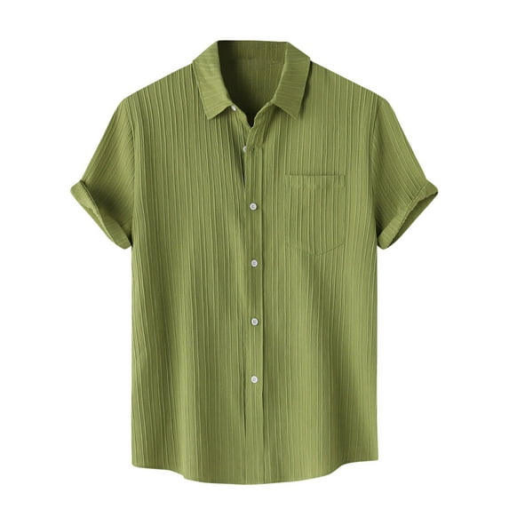 JUUYY Men's Summer Casual Solid Color Stylish Soft Fabric Striped Texture Turn Down Collar Short Sleeve Button Up Multicolor Shirt Tops Green M