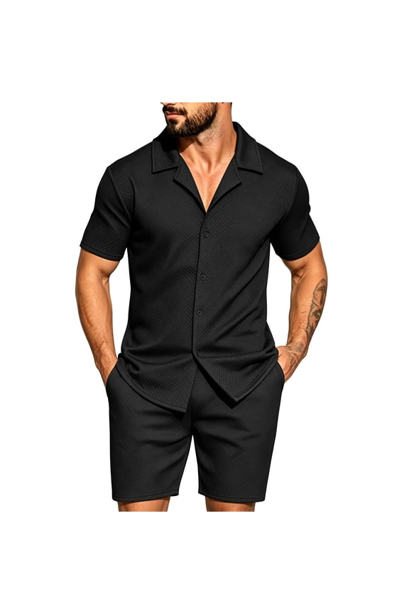 Men's Summer Holiday 2 Piece Matching Outfit Casual Textured Button Down Collar Short Sleeve Shirt Shorts with Pocket Set Black M