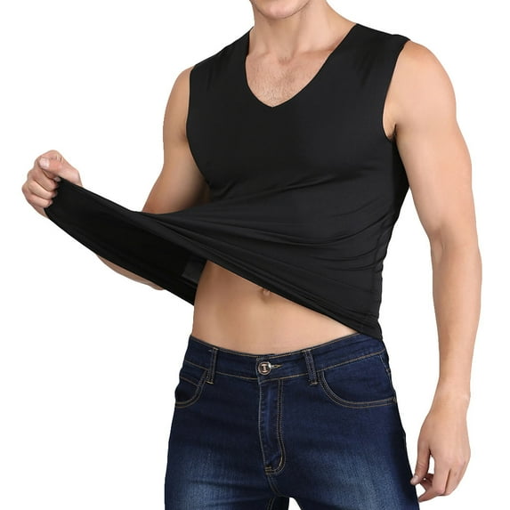 JUUYY Men's Summer Ice Silk Traceless Thin Breathable Tank Tops Pure Color Slim V-Neck Sleeveless Vest Black XXL