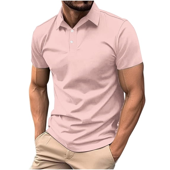 JUUYY Men's Summer Knit Wavy Textured Solid Casual Golf Shirts Solid Color Lapel Button Up Short Sleeved Top Pink L