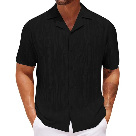 JUUYY Men's Summer Short Sleeve Button Down Shirt Relaxed Fit Textured Wrinkle-Free Lapel Breathable Business Casual Office Shirt Tops Black L