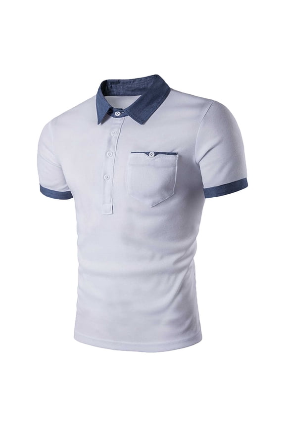 Men's Summer Slim Fit Patchwork Casual Denim Stitching Pocket Shirt Short Sleeve T-Shirt Tops White XL