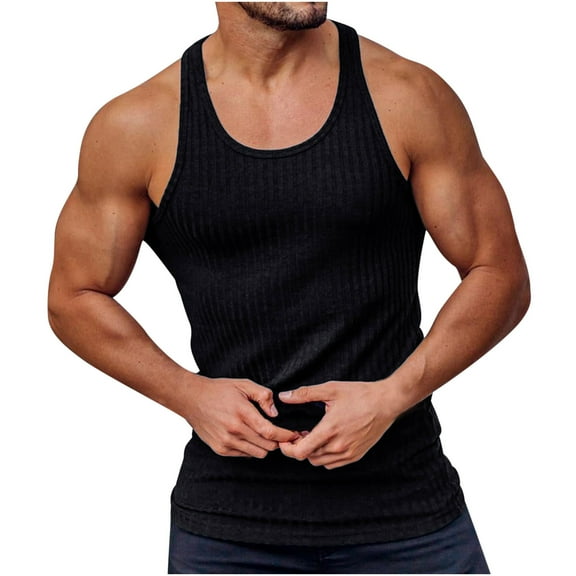 JUUYY Men's Summer Solid Color Round Neck Tank Tops Knitted Vertical Stripes Fitness Slim Vest Tight I-shaped Vest Black M