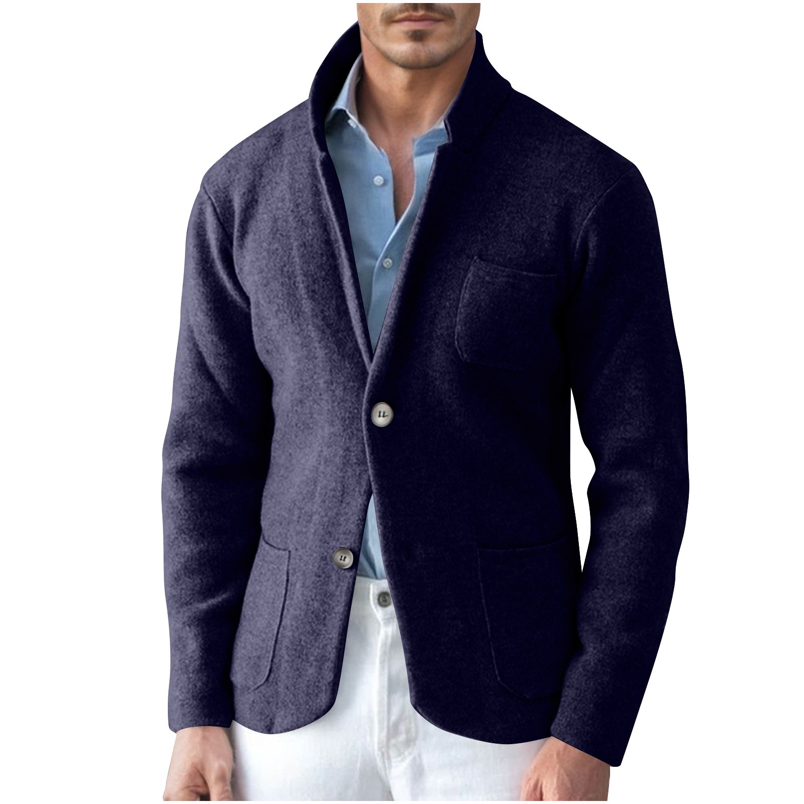 JUUYY Men s Sweater Blazer Casual Slim Fit Stand Collar Two Button Knit Suit Jacket Warm Sport Coat with Pockets Solid Color Knitwear Navy XL