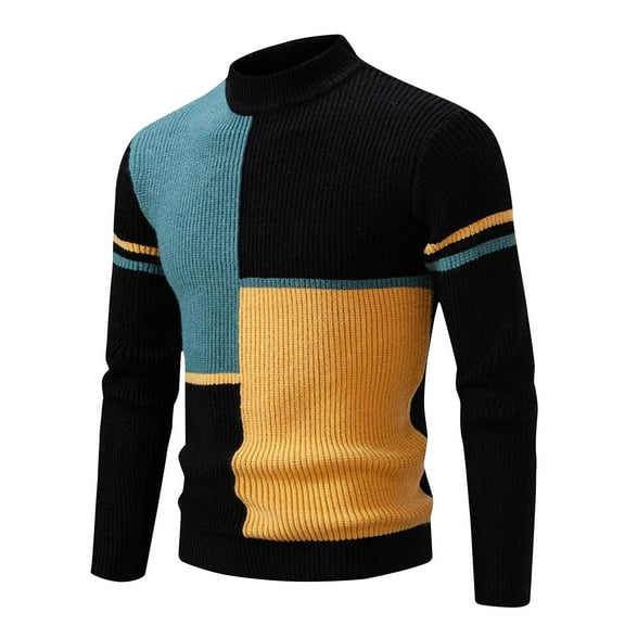 JUUYY Men's Sweater Crewneck Pullover Long Sleeve Color Block Cable Knit Warm Chunky Winter Jumper Sweater Black L