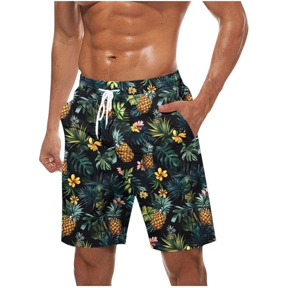 JUUYY Men's Swim Trunks Hawaiian Swim Shorts with Pockets Elastic Waist Drawstring Lightweight Beach Shorts Quick Dry Bathing Suit Black XXXXXL