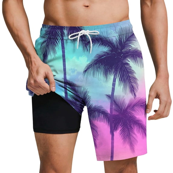 JUUYY Men's Swim Trunks with Compression Liner Bathing Suit Drawstring Quick Dry Elastic Waist Lightweight Beach Shorts with Pockets Purple XL
