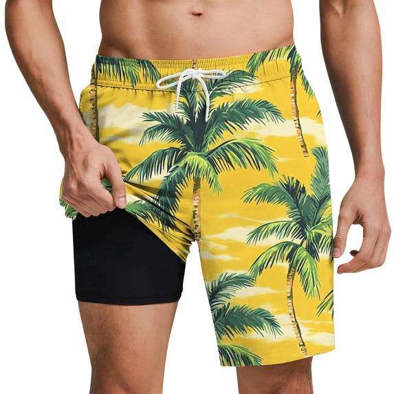 JUUYY Men's Swim Trunks with Compression Liner Bathing Suit Drawstring Quick Dry Elastic Waist Lightweight Beach Shorts with Pockets Yellow01 L