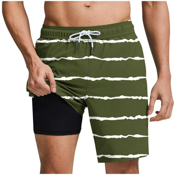 JUUYY Men's Swim Trunks with Compression Liner Bathing Suit Quick Dry Swimming Trunks Elastic Waist Drawstring Beach Shorts with Pocket Army Green M