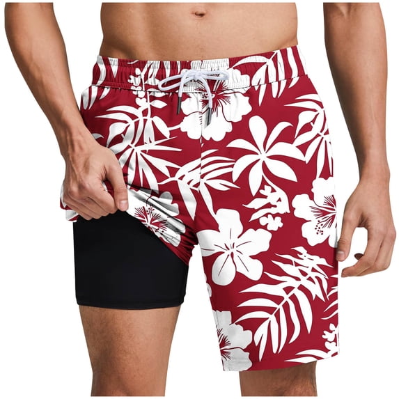 JUUYY Men's Swim Trunks with Liner Beach Shorts Quick Dry Drawstring Hawaiian Lightweight Board Shorts with Pockets Bathing Suits Red S