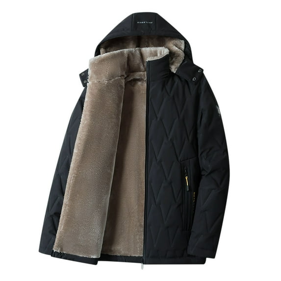 JUUYY Men‘s Thick Fleece Hooded Parkas Jacket Casual Solid Color Long Sleeve Winter m Wool Parkas Black XXXXXL