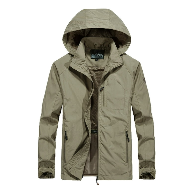 JUUYY Men s Thin Casual Jacket Windproof Loose Fit Large Size Hooded Sports Jacket Cold Proof Keep m Coat Solid Color Camping Khaki XXXXXL
