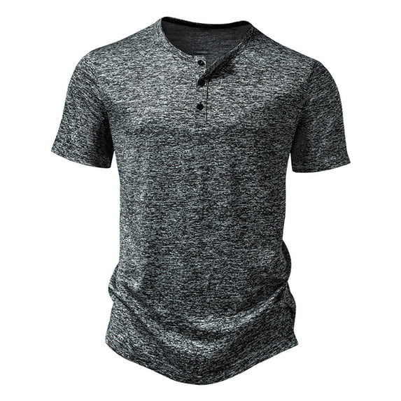JUUYY Men's Three Buttons Round Neck Pullover T Shirt Summer Fashion Casual Comfy Stretch Sports Solid Color Slim Fit Short Sleeve Henley Shirts Dark Gray XXL