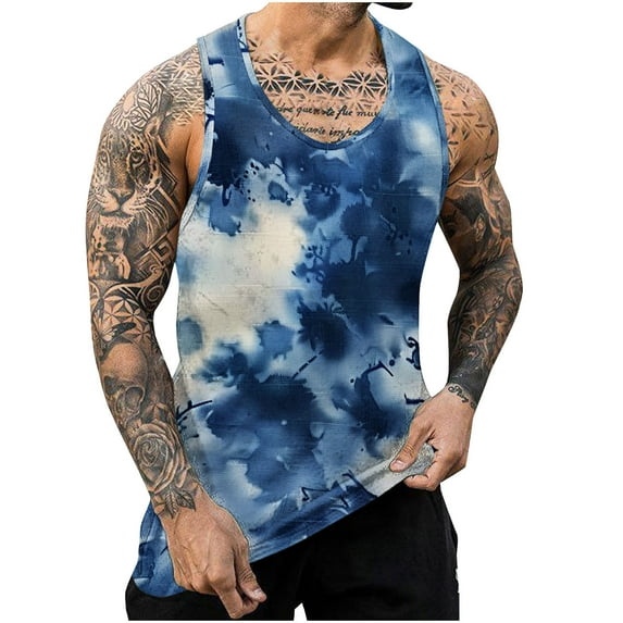 JUUYY Men's Tie Dye Tank Top - Beach Tank Tops for Men - Sleeveless Summer Tops - Mens Athletic Gym T-Shirts Dark Blue L