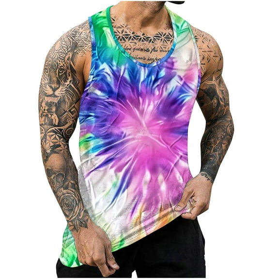 JUUYY Men's Tie Dye Tank Top - Beach Tank Tops for Men - Sleeveless Summer Tops - Mens Athletic Gym T-Shirts Multicolor M